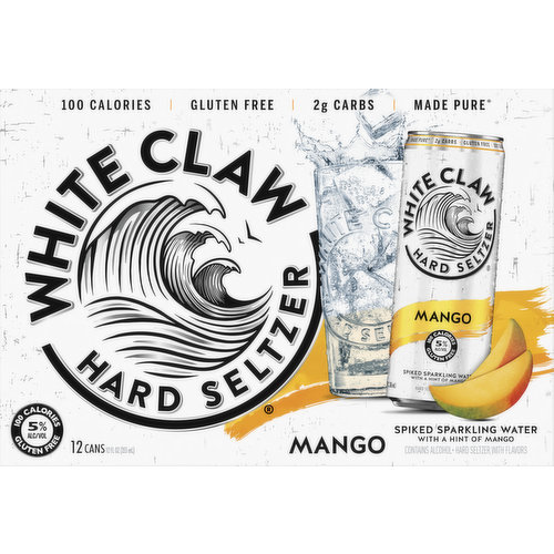 Spiked sparkling water with a hint of mango. Hard seltzer with natural flavors. 100 calories. 2 g carbs. Naturally gluten free. Crafted using our unique BrewPure process & only the finest natural flavors to deliver a surge of pure refreshment and a hard seltzer like no other. White Claw Hard Seltzer. Made pure. BrewPure made using our proprietary BrewPure brewing process. Please drink responsibly. www.whiteclaw.com. Facebook. Instagram. Discover more at www.whiteclaw.com. Please recycle. 5% Alc/vol. 10