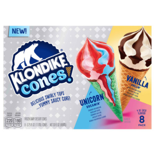 Klondike Cones! Frozen Dairy Dessert Cones, Vanilla Chillin'/Unicorn Dreamin', 8 Pack