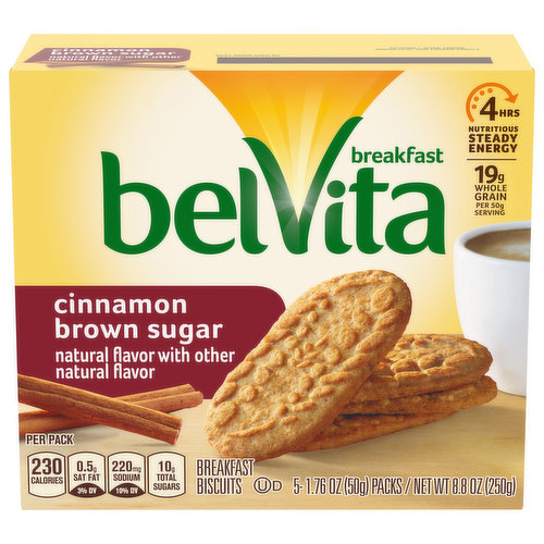4 hrs nutritious steady energy. A delicious start to your morning. belVita Breakfast Biscuits are a nutritious convenient breakfast choice that are baked with selected wholesome grains and deliver nutritious steady energy all morning long. Please recycle this carton.