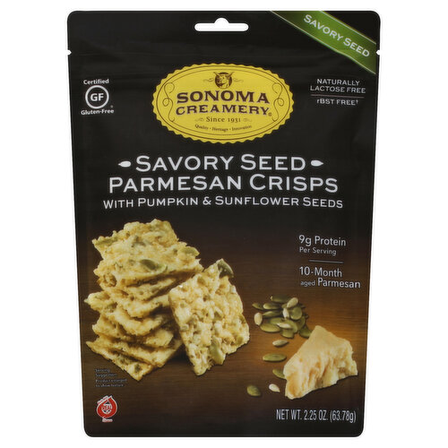 With pumpkin & sunflower seeds. Made with real cheese. Certified gluten-free. NLF: naturally lactose free. rBST free (No significant difference has been shown between milk derived from rBST-treated and non rBST-treated cows). 9 g protein per serving. 10-month aged parmesan. Quality. Heritage, Innovation. Since 1931. Sonoma Creamery Savory Seed Crisps are lightly baked crunchy real cheese snacks. Starting with 10-month aged parmesan cheese, we bake in pumpkin and sunflower seeds and a sprinkling of gluten free grains. Each bite delivers a savory, delightful crunch unlike any other. Our savory seed crisps are snackable on their own and pair well with your favorite dips and toppings. AHF: artificial hormone free. NAT: 100% natural. VEG: vegetarian. Made with milk from cows not treated with artificial hormones (No significant difference has been shown between milk derived from rBST-treated and non rBST-treated cows). www.sonomacreamery.com. Facebook. Twitter. Instagram. Made in Sonoma, California wine country - since 1931.