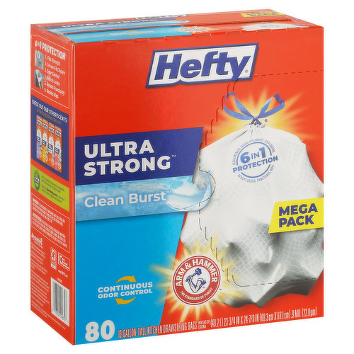6 in 1 Protection: Flex strength, secure-fit closure, odor control. Resists: leaks, punctures, rips. Continuous odor control. Arm & Hammer: The standard of purity. 6 in Protection: 1. Flex strength. 2. Secure-fit closure. 3. Odor control. 4. Resists leaks. 5. Resists punctures. 6. Resists rips. Hefty is committed to advancing sustainable, end-of-life solutions for plastic waste.