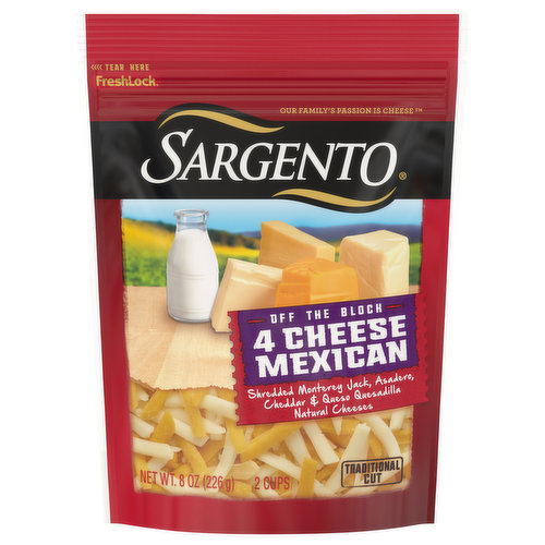 SARGENTO Off the Block This quick-melting blend gives your cooking, delicious Mexican flavor. Our Monterey Jack, Mild Cheddar, Queso Quesadilla and Asadero cheeses add a creamy, smooth flavor to nachos, quesadillas and other Mexican specialties.