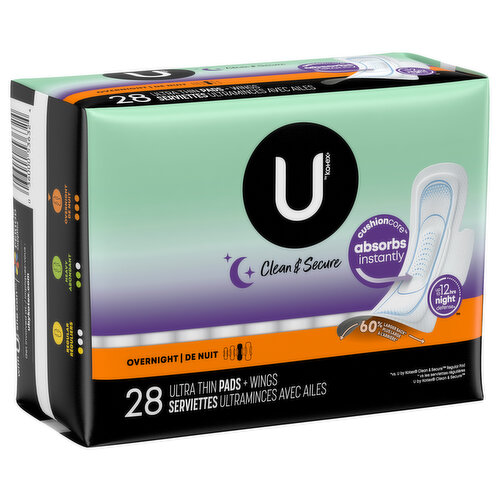 U by Kotex Clean & Secure Ultra Thin Overnight Pads with Wings, 28