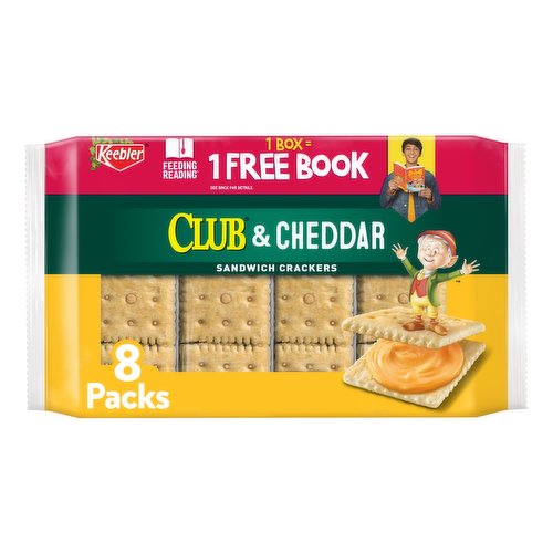 <ul><li>Kellogg's is partnering with Penguin Random House to provide a free book when you purchase a participating Kellogg's product; Go to feedingreading.com for details</li><li>Take a bite of smooth filling made with real cheese and two flaky, buttery Club crackers</li><li>Made with real cheese; No high fructose corn syrup; Kosher Dairy; Contains wheat, milk, peanut and soy ingredients</li></ul><br/>Take Keebler Club and Cheddar sandwich crackers with you on any snack time mission. These crunchy sandwich crackers are made with real cheese in every bite. Every sandwich cracker includes a smooth, cheesy filling that holds together two crisp and buttery Club crackers. These sandwich crackers are packaged into individual serving sizes, making them a convenient addition to any packed lunch or standalone snack; Keebler Club and Cheddar sandwich crackers are great for game time, party spreads, after-school treats, taking a break during a busy day, late-night snacking and more, the cheesy options are endless. Take these sandwich crackers along on field trips, trips to the park, picnics, or even while you're running your everyday errands. If your favorite snacker is far away, try packing these sandwich crackers into a care package. You'll love the one-of-a-kind flavor of Keebler Club and Cheddar sandwich crackers.
