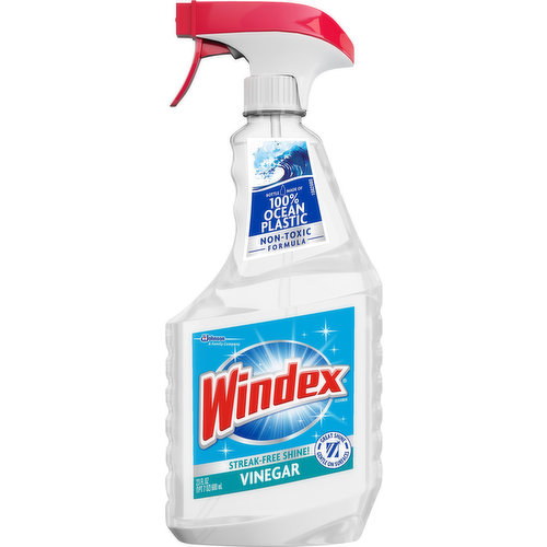 Non-toxic formula. Streak-free shine! Great shine. Gentle on surfaces. Works Great On: Glass & mirrors. A family company since 1886. - Fisk Johnson. windex.com. www.scjohnson.com. how2recycle.info. Learn more at windex.com. Learn more at www.scjohnson.com. Questions? Comments? Call 800-558-5252 or write Helen Johnson. Bottle made of 100% ocean bound plastic. Environmental Facts: Recyclable plastic bottle made of 100% Ocean Bound Plastic (Bottles collected within 30 miles of an ocean or waterways leading to the sea in countries that lack effective, formal, community based waste collection).