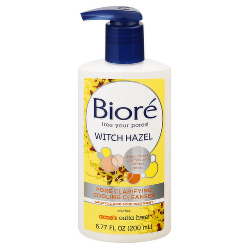 Other Information: Store at room temperature. Salicylic acid acne treatment. Free your pores! Deep cleans, clarifies and refines pores. Oil-free. Acne's outta here! Biore pore clarifying cooling cleanser. This refreshingly cool formula works to deep clean by removing over 99% of blemish causing dirt and oil. With witch hazel, known to tighten pores, purify, and refresh skin. biore.com. Questions? 1-800-BIORE-11. biore.com. Made in Canada.