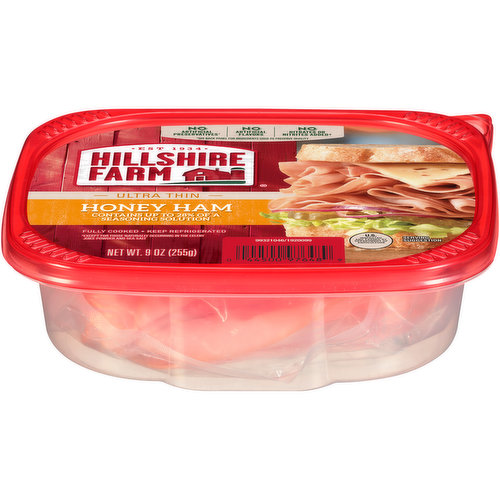 Enjoy premium sliced ham with Hillshire Farm Ultra Thin Sliced Honey Ham Deli Meat. Slow cooked and honey sweetened with no artificial flavors, our honey ham lunchmeat is 96% fat-free. Fully cooked and ready-to-eat, this ham is perfect with cheese, onion and lettuce on white bread for a delicious sandwich. This 9 oz sliced deli meat package is double-sealed for absolute freshness.