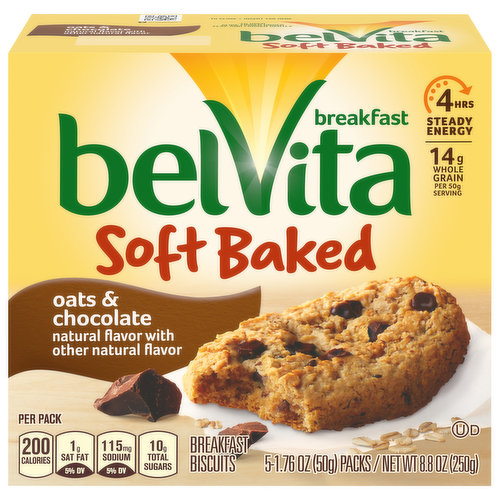 4 hrs steady energy. A delicious start to your morning. BelVita breakfast biscuits are a convenient breakfast choice that are baked with selected wholesome grains and deliver steady energy all morning long. No high fructose corn syrup.