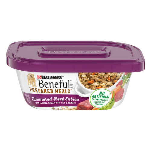 Guaranteed Analysis Calorie Content (calculated) (ME): 927 kcal/kg, 262 kcal/tub. Beneful Prepared Meals Simmered Beef Entree is formulated to meet the nutritional levels established by the AAFCO Dog Food Nutrient Profiles for maintenance of adult dogs. With carrots, barley, wild rice & spinach. Meaty chunks with a hearty sauce. 100% complete & balanced nutrition for adult dogs. No artificial preservatives, colors, or flavors. Purina.com. how2recycle.info. Try Originals Dry Food. Prepared in our own US Facilities. Printed in USA.