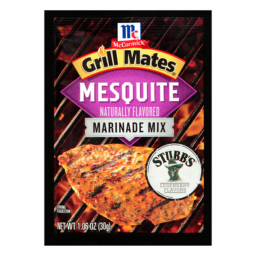 Fire up the grill for this bold, slightly sweet blend of garlic, onion, red pepper and natural flavor from mesquite smoke. McCormick Grill Mates Mesquite Marinade is a must-have seasoning for chicken, pork or beef. Combine 1 marinade packet with 1/4 cup water and vegetable oil with 2 pounds of meat. Marinate. Grill. Devour.