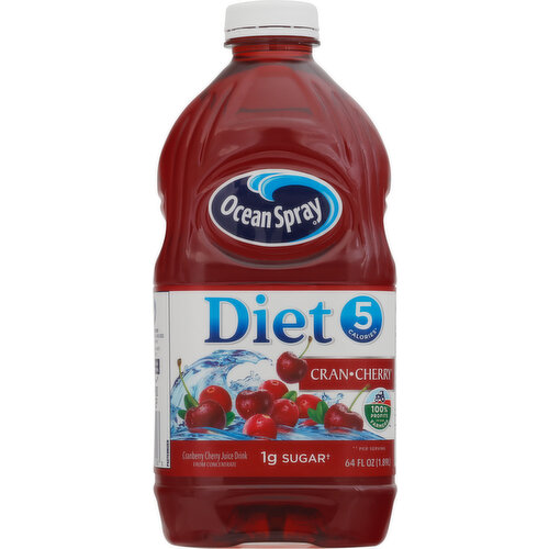 Cranberry cherry juice drink from concentrate. No artificial colors, flavors or preservatives. 5 calories (per serving). 1 g sugar (per serving). Excellent source of vitamin C. Big on flavor not sugar. Made with real fruit juice. The Gilmore family, Massachusetts, 5th and 6th generation cranberry farmers. Working alongside 700 other farm families as part of the Ocean Spray Cooperative. Farmer owned since 1930. Tastes good. Good for you! Pasteurized. how2recycle.info. Thanks for choosing ocean spray: For questions or comments please call 1-800-662-3263. Please have the entire package handy. 100% profits to our farmers.