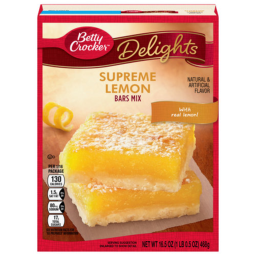 Betty Crocker Delights Supreme Lemon Bars Mix is the ideal way to make perfect lemon bars. Just add water and eggs to complete this delicious recipe.