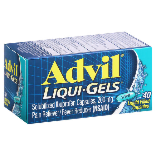 In Each Capsule Other Information: Each capsule contains: potassium 20 mg. Read all warnings and direction before use. Keep carton. Store at 20-25 degrees C (68-77 degrees F). Avoid excessive heat above 40 degrees C (104 degrees F). Solubilized ibuprofen capsules, 200 mg. Pain reliever/fever reducer (NSAID). www.Advil.com. Questions or comments? Call toll free 1-800-888-Advil. For most receipt product information, visit www.Advil.com. Made in Argentina.