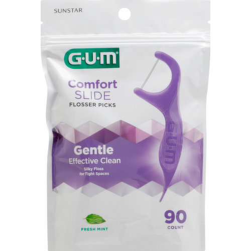 Comfort slide. Gentle effective clean silky floss for tight spaces. Sunstar. Gentle Effective Clean: Easily slides between even the tightest teeth. Effective plaque and food removal. Pick gently clean between teeth. Silky shred-resistant floss. Control grip handle. Sturdy pick designed to easily fit between teeth. Good health begins with a better flosser. Because all mouths are unique, GUM has a flosser to meet your specific oral health needs and give you a better flossing experience. GUMbrand.com. Resealable bag. Made in China.