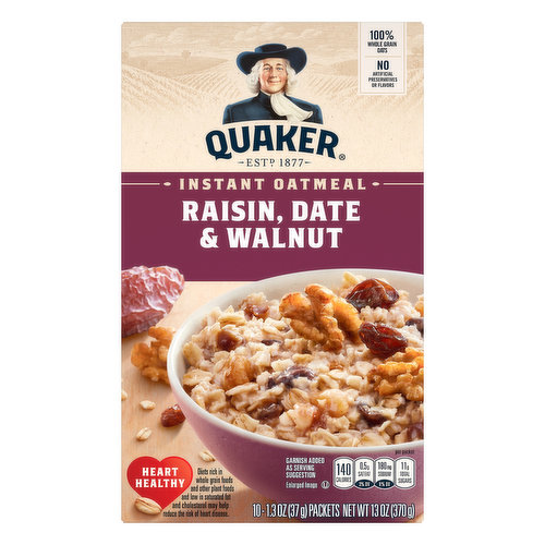 No artificial flavors. Per Packet: 140 calories; 0.5 g sat fat (3% DV); 180 mg sodium (8% DV); 11 g total sugars.  Heart Healthy: Diets rich in whole grain foods and other plant foods and low in saturated fat and cholesterol may help reduce the risk of heart disease. 100% Whole Grain: 21 g or more per serving. wholegrainscouncil.org. 100% of the Whole Grain is Whole Grain. Eat at least three one ounce equivalent (3 servings) of Whole Grains per day for fiber and overall health. Each oatmeal packet contains a one ounce equivalent (1 serving) of whole grains. 100% Whole Grain Oats. Good source of fiber.Per 55 g serving. Contains 2.5 g total fat per serving. No artificial preservatives. No added colors. Estd. 1877. Goodness you can taste. At Quaker, we believe that nothing should stand between you and a great breakfast. That’s why we strive to keep it simple, with delicious ingredients like chewy raisins, dates and crunchy walnuts in every bowl. Quakeroats.com. how2recycle.info. SmartLabel: Scan for more food information. 1-800-555-6287. Call for more food information. Facebook. Twitter. For special offers, information & to join the conversation, visit: quakeroats.com, facebook.com/Quaker or (at)Quaker. We're here to help: quakeroats.com or 800.555.6287. Please have package available when calling. Quaker Sustainability Pledge: We value our communities and are continually on the lookout for ways to reduce our environmental impact - especially in areas of oat farming, packaging, and shipping. We've made progress, but there's more work to be done. Join us in our journey to take better care of the Earth. After all, that's where oats come from. To learn more, visit www.pepsico.com/sustainability.