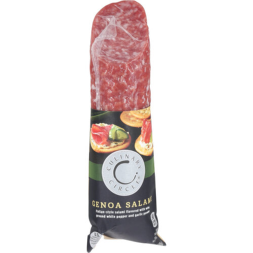 Italian style salami flavored with wine, ground white pepper and garlic powder. 90 calories per 1 oz. 100% quality guarantee. Like it or let us make it right. That's our quality promise. 855-423-2630; culinarycircle.com. U.S. inspected and passed by Department of Agriculture. www.culinarycircle.com. For product information and recipes visit us at www.culinarycircle.com.