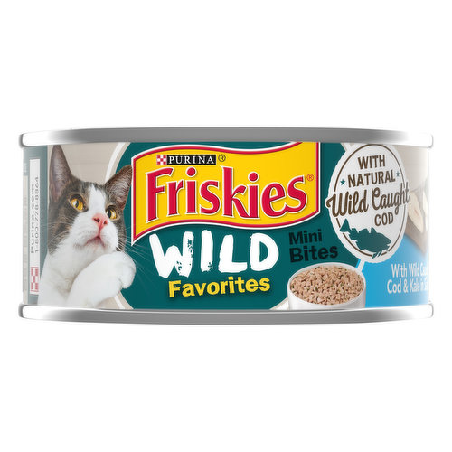 Calorie Content (calculated) (ME): 981 kcal/kg, 152 kcal/can. Purina friskies wild favorites with wild caught cod and kale in sauce is formulated to meet the nutritional levels established by the AAFCO cat food nutrient profiles for maintenance of adult cats. With natural wild caught cod. Wild favorite mini bites. 100% complete & balanced nutrition for adult cats. With pieces of real kale. Purina.com. Mmmmore naturally delicious choices. Friskies with chicken & carrots. Friskies with salmon & spinach. Friskies Ocean favorites. Friskies with turkey & carrots in gravy. Friskies with whitefish & spinach in gravy. Please recycle. Printed in USA.