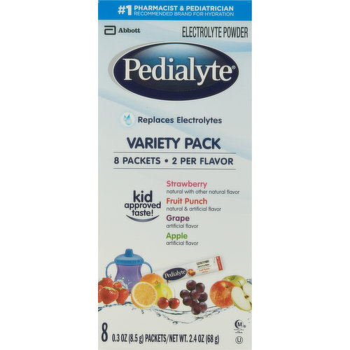 No. 1 Pharmacist & Pediatrician recommended brand for hydration. Replaces electrolytes. 8 Packets. 2 Per flavors. Designed for fast, effective rehydration. Pedialyte is designed to prevent dehydration (For mild to moderate dehydration) more effectively than common beverages. Level per liter: Pedlialyte advanced Care. Pedialyte & pedialyte advancedcare. Sports drink. Soda. 100% apple juice. Water. Pedialyte quickly replenishes fluids and electrolytes to help prevent dehydration due to: vomiting & diarrhea; heat exhaustion; intense exercise; travel. One liter of reconstituted pedialyte powder (about four 8.5g packets) provides: sodium, 45 meq: potassium, 20 meq; chloride, 35 meq.