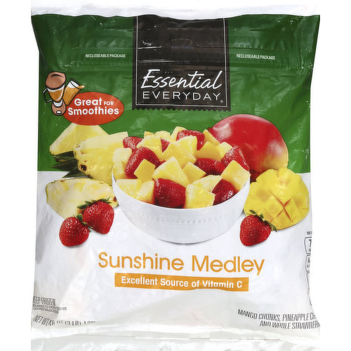 Mango chunks, pineapple chunks and whole strawberries. Great for smoothies. Excellent source of vitamin C. Per 1 Cup: 70 calories; 0 g sat fat (0% DV); 0 mg sodium (0% DV); 13 g sugars. Reclosable package. Real savings. Highest quality. Every day. If you're not completely satisfied with this product, please contact us at www.essentialeveryday.com or 1-877-932-7948. Fruits & Veggies: more matters. Great products at a price you'll love - that's Essential Everyday. Our Essential Everyday frozen fruit is picked at the peak of freshness and quickly frozen to lock in all the goodness fruit has to offer. It's why we often say, we freeze the best. For recipes, visit www.essentialeveryday.com. Product of Colombia, Morocco, Peru.