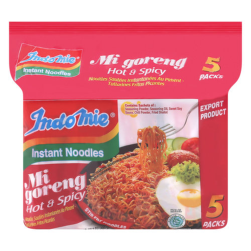 Indo Mie Instant Noodles, Mi Goreng, Hot & Spicy, 5 Pack