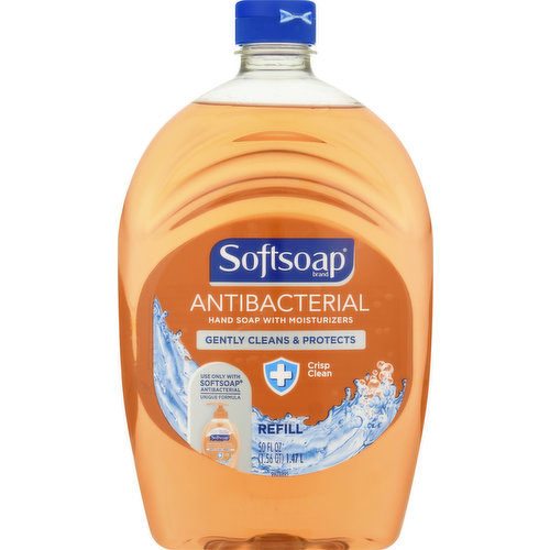 Antibacterial hand soap with moisturizers. Gently cleans & protects. Use only with softsoap antibacterial. Unique formula. Softsoap brand antibacterial hand soap in clinically proven to eliminate 99.9% of bacteria (In a handwashing test vs. the following common harmful bacteriaL: S. aureus & E. coli). Its unique formula, with moisturizers, leaves your skin feeling soft and protected. Dermatologist tested. www.softsoap.com. how2recycle.info. SmartLabel: App enabled. Scan for more information. Questions? 1-800-255-7552. Save water. www.colgate.com/savewater. Made in USA.