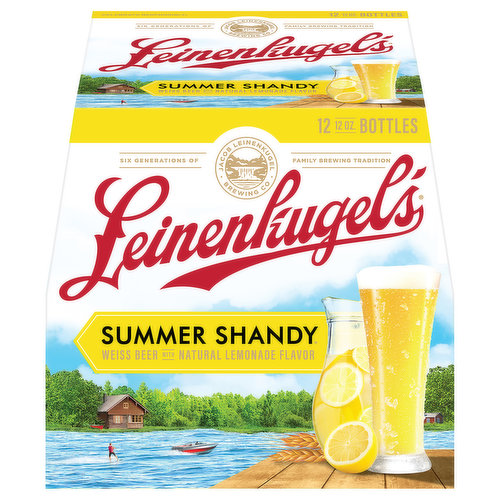 Leinenkugel's Summer Shandy Beer is a traditional Weiss beer with refreshing natural lemonade flavor. Delicious and refreshing, this lager beer has 4.2% ABV. Full of natural fruit and zesty lemon flavors, this wheat beer contains a light, crisp taste that’s perfect for cooling off on a hot day. This summer beer is a great choice for family barbecues, picnics at the park or holiday get-togethers. Leinenkugel's Summer Shandy craft beer is brewed as a traditional Weiss with lemonade flavor added for a wonderfully refreshing fruity taste. Pair this seasonal beer with barbecue chicken, fruit salads, watermelon, and fresh-caught grilled fish. The shandy was first introduced by Franz Kugler after a bicycle race in Munich in 1922. His tavern was overrun by thirsty cyclists, so he cut his German beer with lemonade and soda so they wouldn't run out. Leinenkugel Summer Shandy carries on that tradition to this day.