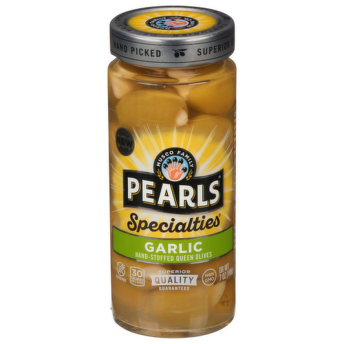 Pearls Specialties Pickles, Queen Olives, Hand-Stuffed, Garlic