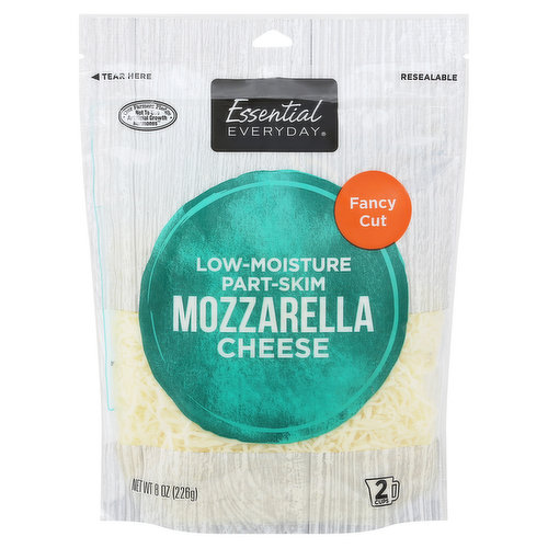 Low-moisture part-skim mozzarella cheese. Our farmers pledge. Not to use artificial growth hormones (No significant difference has been shown in milk from cows treated with the artificial growth hormones rBST and non-rBST treated cows). 2 cups. 100% quality guaranteed. Like it or let us make it right. That's our quality promise.855-423-2630. essentialeverday.com. Great Products: At a price you'll love-that's Essential Everyday. Our goal is to provide the products your family wants, at a substantial savings versus comparable brands. We're so confident that you'll love essential everyday, we stand behind our products with a 100% satisfaction guarantee. essentialeverday.com. For additional recipes, visit www.essentialeveryday.com. Resealable.