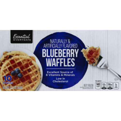 Naturally & artificially flavored. Excellent source of 8 vitamins & minerals. Low in cholesterol. Per 2 Waffles: 140 calories; 0.5 g sat fat (3% DV); 290 mg sodium (13% DV); 5 g total sugars. 100% quality guaranteed. Like it or let us make it right. That's our quality promise. essentialeveryday.com. Great products at a price you'll love - that's essential everyday. Our goal is to provide the products your family wants, at a substantial savings versus comparable brands. We're so confident that you'll love Essential Everyday, we stand behind our products with a 100% satisfaction guaranteed. Product of USA.