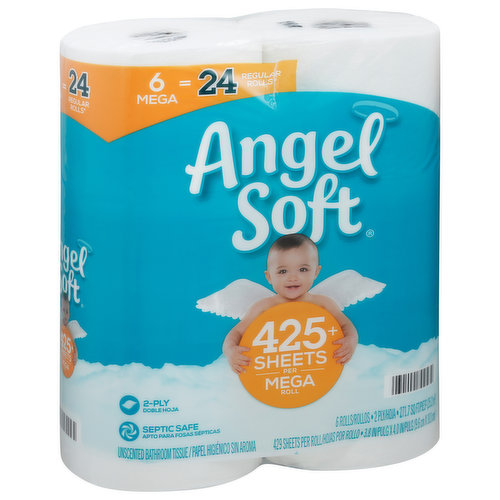 6 mega = 24 regular rolls (Based on number of sheets in Angel Soft Regular Roll). Septic safe. 425+ sheets per mega roll. Septic safe. An ideal balance of softness & strength. 1 Mega roll equals 4 regular rolls (Based on number of sheets in Angel Soft Regular Roll) for longer lasting rolls and less roll changes. Flushable and septic safe for standard sewer and septic systems. 2-Ply with SoftShield Layers. Sustainable Forestry Initiative: Certified sourcing. www.sfiprogram.org.