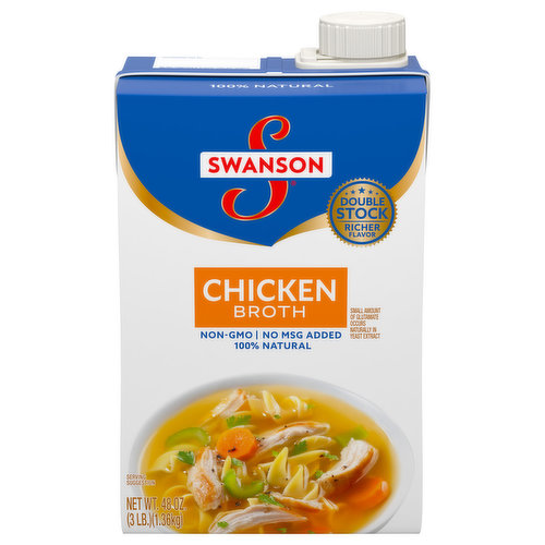 Double stock. Richer flavor. 100% natural. Swanson chicken broth is carefully crafted for homemade flavor at its best. Each batch starts with real chicken and bones that are gently simmered for 12 hours and then uniquely clarified, creating a premium double stock with delicious, richer flavor. And, just like homemade, we use only 100% natural ingredients. Enjoy! No artificial ingredients.