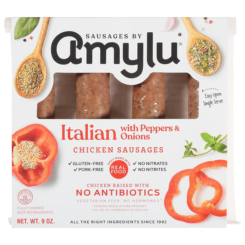 Amylu Chicken Sausages, Italian with Peppers & Onions