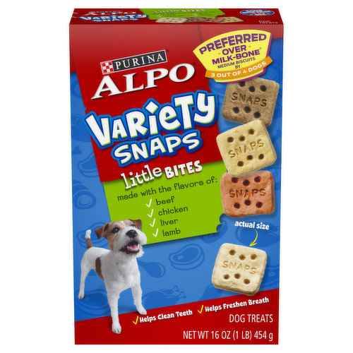 Calorie Content (Calculated): 3708 kcal/kg; 15.6 kcal/piece. Made with the flavors of: beef, chicken, liver, lamb. No added artificial flavors. No added artificial preservatives. Preferred over milk-bone medium biscuits by 3 out of 4 dogs. Helps clean teeth. Helps freshen breath. Snap. Treat. Smile. Repeat. It’s a snap to give him a treat any time. It’s a snap to share the meaty tastes he loves. It’s a snap to treat him to a little variety. It’s a snap to make his day. Happy & wholesome. Baked-in flavors of beef, chicken, liver and lamb. Calcium to help support strong teeth and bones. What could be better? Another snap, of course!. Purina.com. Baked with pride in the USA. Printed in USA.