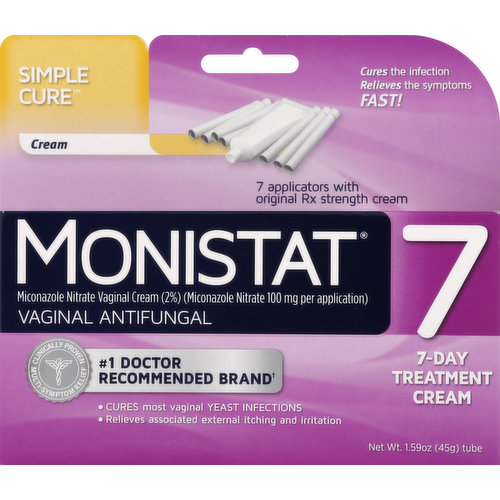 Other Information: Do not use if seal over tube opening has been punctured. Do not purchase if carton is open. Store at 68-77 degrees F (20-25 degrees C). Misc: Miconazole Nitrate vaginal cream (2%) (Miconazole Nitrate 100 mg per application). Cures the infection. Relieves the symptoms fast! 7 applicators with original Rx strength cream. Clinically proven multi-symptom relief. No. 1 doctor recommended brand (Based on a 2012 survey among OB/gyns and primary care physicians who recommend an over-the-counter brand of vaginal yeast treatments). Cures most vaginal yeast infections. Relieves associated external itching and irritation. 7-day treatment cream. For information visit our website at www.monistat.com. Made in Canada.