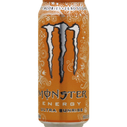 Zero calories + zero sugar. Get up, get out, go for it! Ultra Sunrise is dedicated to those who sacrifice sleep for passion: catching waves at dawn patrol, up on the bike when the morning dew gives the dirt more grip, or the first pass on that glassy lake kicking off an epic wake session. Ultra Sunrise will get you started but is great anytime: light, crisp, and refreshing with a flavor all its own. Packed with a full load of our Monster energy blend to keep the fire burning all day long. After all it's always sunrise somewhere. Unleash the ultra beast! www.monsterenergy.com. Facebook. Instagram. Twitter. YouTube. Monster Energy Blend: taurine, Panax ginseng extract, L-carnitine, caffeine, guarana extract, Glucuronolactone, inositol. Caffeine from All Sources: 75 mg per 8 fl oz serving (150 mg per can).