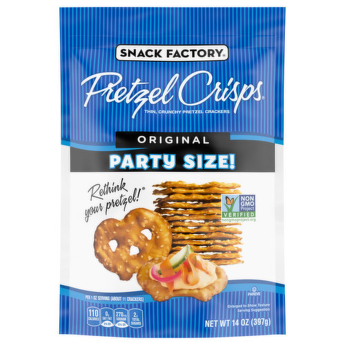 Rethink your pretzel! Crunch'em. Crack'em. Dip'em. Stack'em. Snack Factory Pretzel Crisps are a modern twist on an old favorite. They're the best part of the pretzel - all the flavor and crunch you love - but lighter, crispier and more versatile than ever before. Whether you like them plain, dipped, or paired with your favorite toppings, we're sure you'll enjoy this wholesome snack as much we do. One bite and you'll Rethink Your Pretzels.