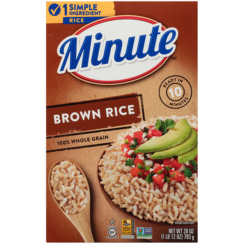 100% Whole Grain. Certified Gluten-Free. 100% Whole Grain: 50 g or more per serving. Eat 48 g or more of whole grains daily. WholeGrainsCouncil.org. Non-GMO Project verified. nongmoproject.org. 1 Simple Ingredient: Rice. Ready in 10 minutes. We're on a mission to make meals simple, so you have wholesome delicious meals to enjot! Real life moves fast we can help. Good fast options perfect anytime, anywhere. Ready when you are. minuterice.com. Share your recipes and thoughts (at)MinuteRiceUS. Pinterest. Instagram. Facebook. Twitter. (hashtag)RiceYourWay. How much? For more servings, visit minuterice.com/cooking. Visit us at minuterice.com. 1-800-Minute1. 1-800-646-8831. Please have package available. Try our other great products. Ready in 1 minute. Keep life simple with our ready to serve cups. White Rice. Organic Red Quinoa & Brown Rice with Garlic. Jasmine Rice. Brown Rice & Quinoa. Organic White & Red Quinoa. This carton is 100% recyclable. Grown in the USA. We're on a mission to make meals simple, so you spend less time cooking and more time enjoying!; Simply cooked, then dried. Nothing added but convenience.