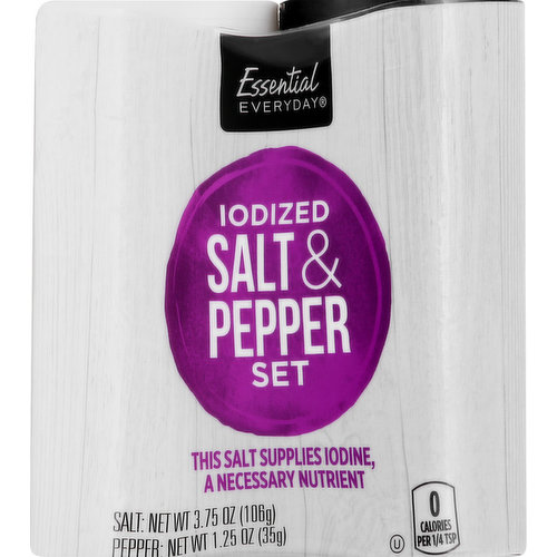 Salt Net Wt: 3.75 oz (106 g). Pepper Net Wt: 1.25 oz (35 g). 0 calories per 1/4 tsp. This salt supplies iodine, a necessary nutrient. Black pepper supplies an insignificant amount of nutrients. For iodized salt see nutrition below. 100% quality guaranteed. Like it or let us make it right. That's our quality promise. 877-932-7948; essentialeveryday.com.