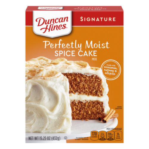 Made with cinnamon, nutmeg & allspice. Per 1/10 Package: 170 calories; 2.5 g sat fat (13% DV); 350 mg sodium (15% DV); 18 g total sugars. See nutrition facts for as baked information. Spice up your day! Spice Cake decorate with cookies and a caramel drizzle. duncanhines.com. how2recyle.info. SmartLabel: Scan or call 1-800-362-9834 for more food information. Questions or comments, visit us at www.duncanhines.com or call mon-fri, 1-800-362-9834 (except national holidays. Please have entire package available when you call so we may gather information off the label. For more delicious inspiration, go to duncanhines.com.