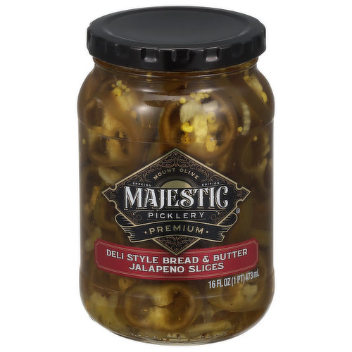 Mt Olive Majestic Picklery Pickles, Deli Style, Bread & Butter, Jalapeno Slices, Premium