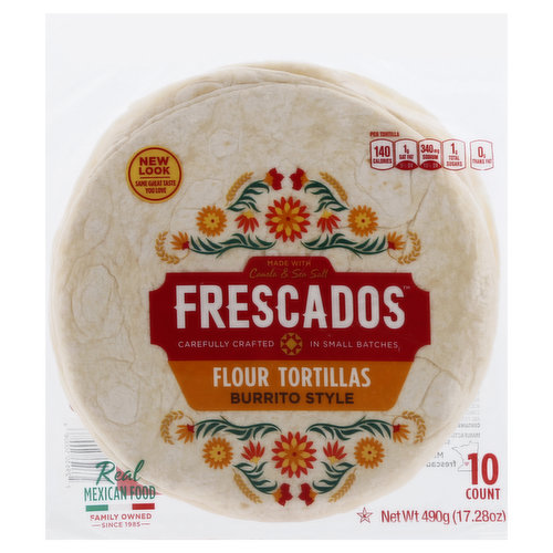 Per Tortilla: 140 calories; 1 g sat fat (5% DV); 340 mg sodium (15% DV); 1 g total sugars; 0 g trans fat. New look. Same great taste you love. Carefully crafted. In small batches. Real Mexican food. Family owned since 1985. Tortillas from our family to yours. Growing up in a large family, everyday meals were special when we gathered around the table - and homemade tortillas were a staple. Today my family is proud to share our heritage of authentic tortillas to families across the Midwest. Carefully crafted in small batches from the heartland's finest ingredients, we hope Frescados will inspire your family to share in the fun and flavorful celebration of Mexican food. Frescados tortillas make every meal worth smiling about. Cathy Cruz Gooch, founder. frescadostortillas.com. Facebook. Instagram. Pinterest. Made in the USA.