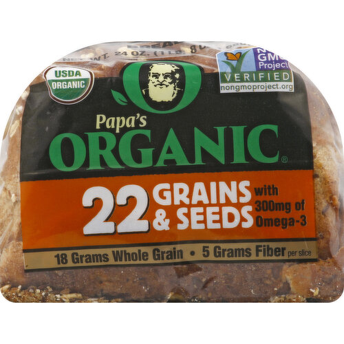 With 300 mg of omega-3. 18 g whole grain. 5 g fiber per slice. USDA Organic. Certified Organic by Organic Certifiers. Vegan. Non GMO Project verified. nongmoproject.org. Non GMO. To eat well is to live well. At Papa's Organic we bake fresh breads that are as healthy and nutritious for you as they are delicious. We start by taking special care to select the very finest wholesome ingredients. Then our master bakers blend them together using our special recipe and slowly bake them to perfection for an incredible flavor you will enjoy in every bite. From our family to yours, try some today! No eggs; non GMO; vegan friendly; nut free facility; no animal products; no high fructose corn syrup; no artificial colors or flavors; no cholesterol; no trans fat. Fresh & delicious or your money back! www.papapita.com. Follow us on Facebook, Twitter, Instagram, Youtube.