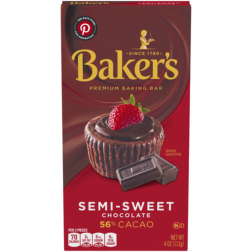 Baker's Premium Semi-Sweet Chocolate Baking Bar is a great addition to your recipes, serving as America's favorite premium chocolate since 1780. This semi-sweet baking bar is made with 56% cacao for a decadent flavor and smooth texture that makes all your recipes a hit. Made with cocoa butter, this premium baking bar breaks apart easily into semi sweet chocolate squares for quick portioning to fit your favorite cake, cookie, fudge and frosting recipes. This semi sweet chocolate for baking melts smoothly and easily in the microwave, so it's also great for dips or candy making. To ensure freshness, store this baking cocoa in a cool, dry place. One baking bar contains 4 ounce of semi-sweet chocolate.