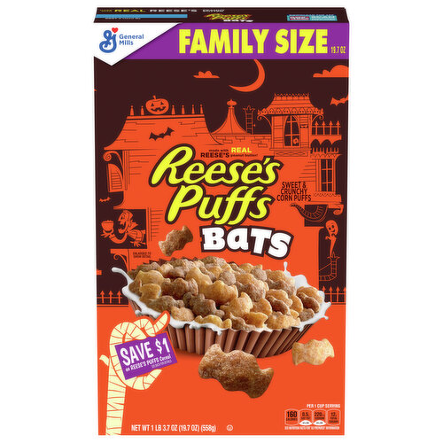 Reese's Puffs Corn Puffs, Sweet & Crunchy, Bats, Family Size