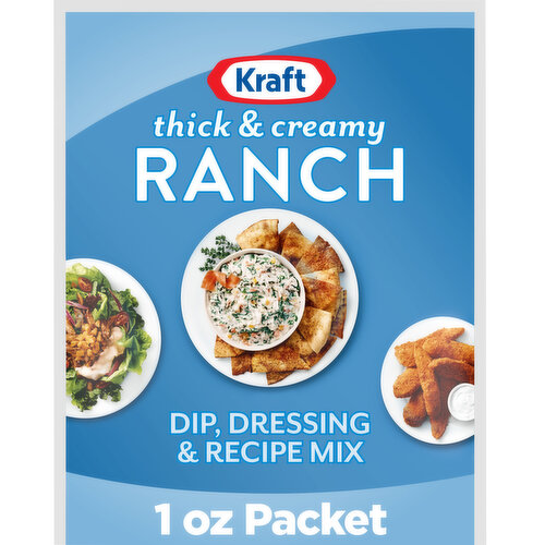 Kraft Ranch Dressing & Recipe Mix Packet is a deliciously versatile addition to a variety of dishes, sauces, dressings, dips, and more. Enjoy the artfully crafted blend of herbs and spices in this easy to prepare ranch dressing dip mix, created expertly by Kraft. Each packet contains dry ranch dressing mix that easily blends with a wide variety of ingredients for convenient preparation, and each prepared serving is 130 calories. Pair this ranch dip with sour cream for a tasty complement to chips, mix with mayo, spinach and carrots for a mouth-watering spinach dip, use as the base for your signature ranch dressing, or add a few dashes into your favorite recipe as a flavorful secret ingredient. This creamy ranch dressing mix comes in a 1 oz. paper pouch.