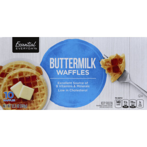 Excellent source of 9 vitamins & minerals. Low in cholesterol. Per 2 Waffles: 140 calories; 0.5 g sat fat (3% DV); 310 mg sodium (13% DV); 2 g total sugars. 100% quality guaranteed. Like it or let us make it right. That's our quality promise. essentialeveryday.com. Great products at a price you'll love - that's essential everyday. Our goal is to provide the products your family wants, at a substantial savings versus comparable brands. We're so confident that you'll love Essential Everyday, we stand behind our products with a 100% satisfaction guaranteed. Product of USA.