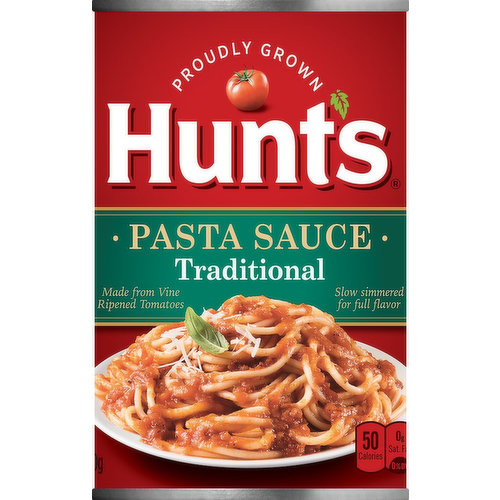 Per 1/2 Cup Serving: 50 calories; 0 g sat fat (0% DV); 560 mg sodium (24% DV); 6 g total sugars. Made from vine ripened tomatoes. Slow simmered for full flavor. Proudly grown. Cook Confidently: Our pasta sauces are carefully slow simmered into a rich and flavorful sauce that will inspire you to make meals you're proud of. Because taste matters. hunts.com. how2recycle.info. SmartLabel: Scan for more food information. Questions or comments, visit us at www.hunts.com or call Mon-Fri 1-800-858-637 (except national holidays). Please have entire package available when you call so we may gather information off the label. Non BPA liner.