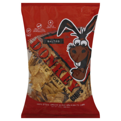 100% stone ground whole grain white corn. Gluten free. No artificial colors flavors or preservatives. 4 simple ingredients. Salted Tortilla Chips are made from whole grain white corn and produced using only 4 simple ingredients. Prepared the traditional way, our chips start from whole kernel white corn that is stone ground to produce authentic tortillas - which we then cut, cook, season and package fresh. No trans fats, No cholesterol. 100% pure corn oil. For more information: Visit us on the web at: www.donkey-brands.com. Become a fan on Facebook: Find us on Facebook.