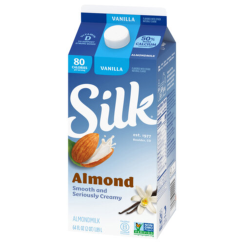 Silk Silk Almond Milk, Vanilla, Dairy Free, Gluten Free, Seriously Creamy Vegan Milk with 50% More Calcium than Dairy Milk, 64 FL OZ Half Gallon