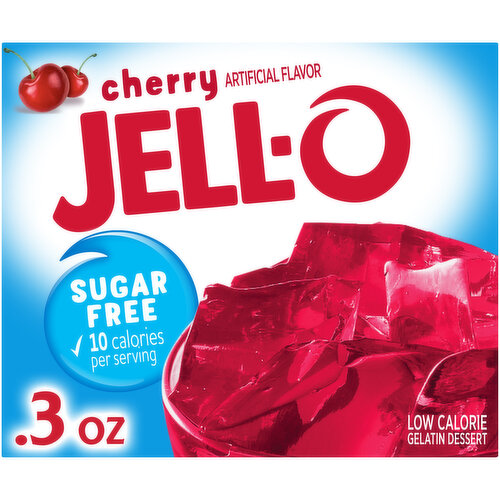 Jell-O Sugar Free Cherry Instant Gelatin Mix packs all the flavor without the sugar into a convenient mix for quick, easy preparation. Delicious cherry flavor makes this sugar free gelatin a refreshing treat perfect for everyday snacking or special occasions. This cherry flavored gelatin is fat free per serving and also a low-calorie option at 10 calories per serving. Whether you serve it as a gelatin dessert with whipped cream topping or add chunks of fruit to make a fruit dessert, you can feel good about sharing with your family. Simply mix the cherry gelatin powder with boiling water, add cold water, and refrigerate to set. Each 0.3 ounce box of instant cherry gelatin mix makes four 1/2 cup servings.